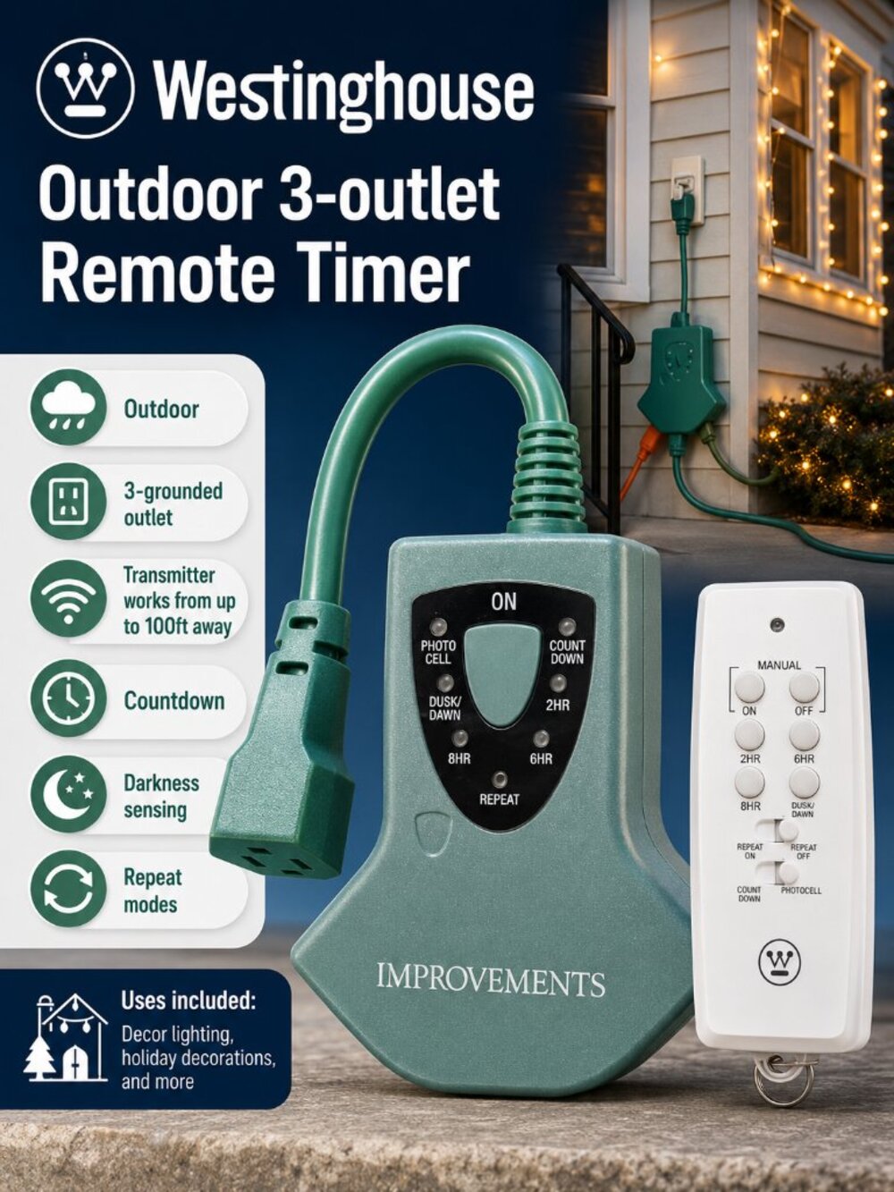 NEW Westinghouse Wireless Outdoor 3 Outlet Remote Control with Timer Function